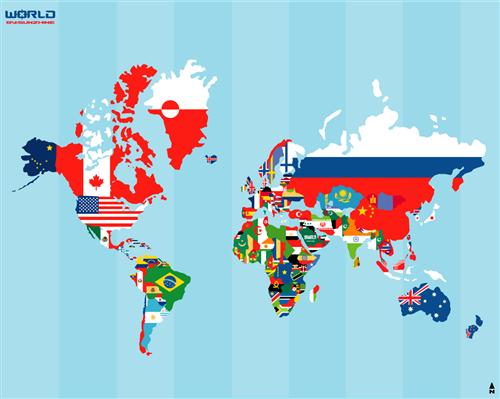 World map with country's flags imposed within geographical borders