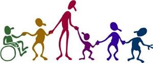 Stick figures of all ages, sizes and disabilities holding hands