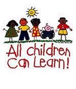 All children can learn! Children holding hands, standing on grass under a smiling sun